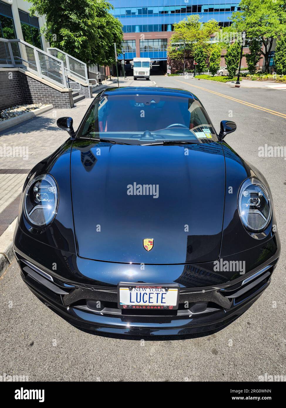 New York City, USA - May 10, 2023: Porsche 911 2021 sport car, front view. Stock Photo