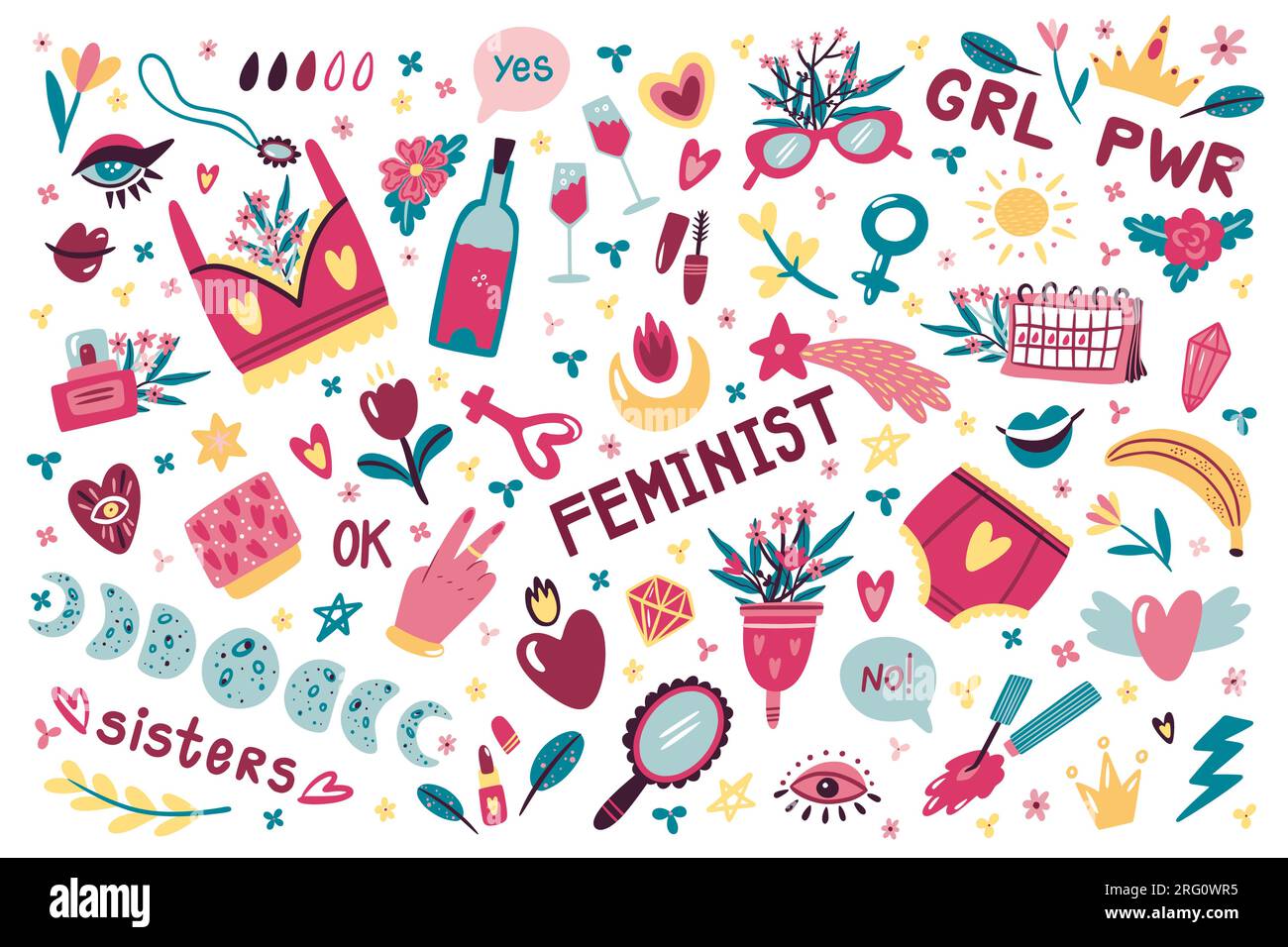 Teenage stickers. 90s girl icons, woman power, feminism symbols, fun