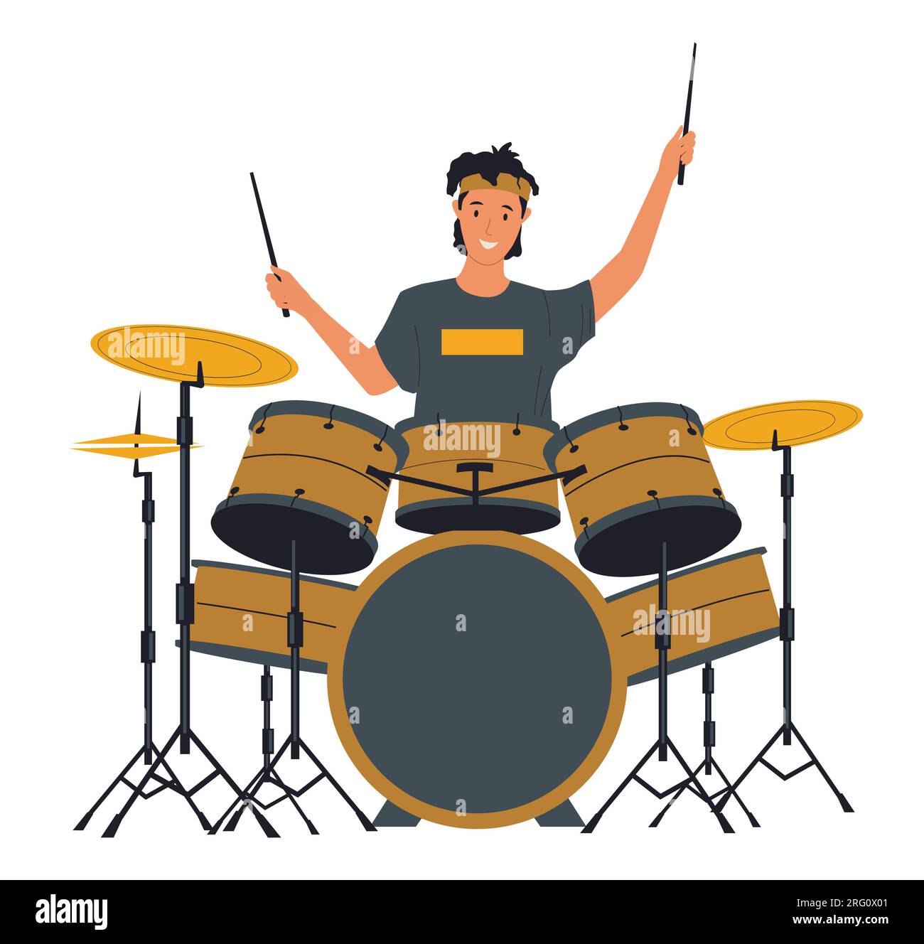 Rock concert. Man playing drums. Performer on club stage. Percussion