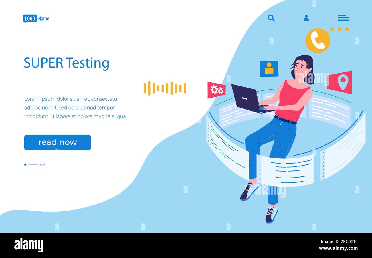 Computer testing. Landing page. Software development tester. Website interface design. Online program optimization. Application programming. Woman wor Stock Vector