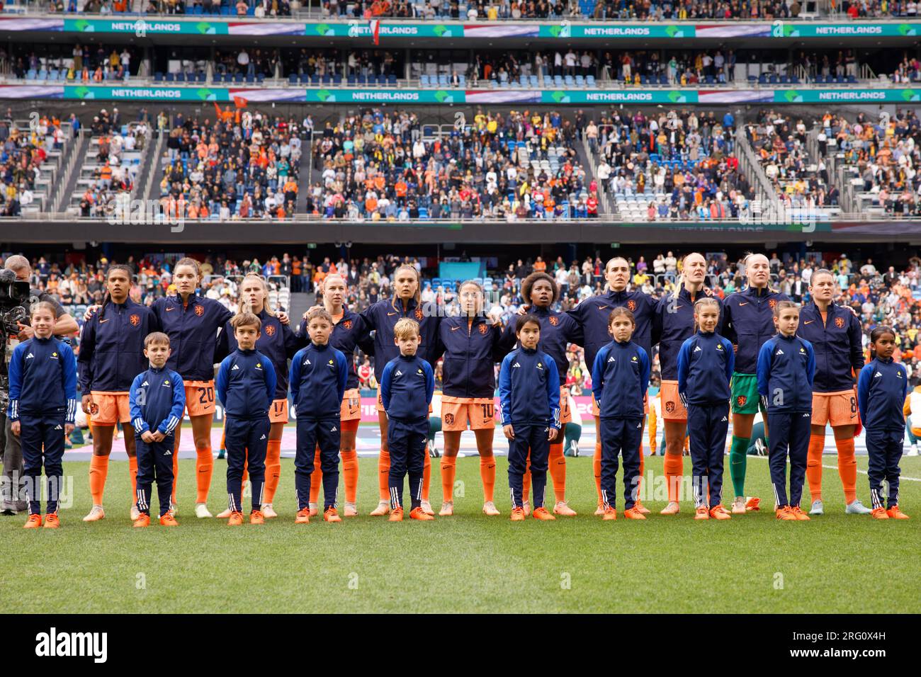 Sydney, Australia. 06th Aug, 2023. Netherlands players line up for the national anthem before the FIFA Women's World Cup 2023 Round of 16 match between Netherlands and South Africa at Sydney Football Stadium on August 6, 2023 in Sydney, Australia Credit: IOIO IMAGES/Alamy Live News Stock Photo