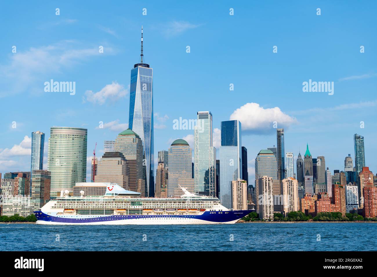 New York, USA - June 16, 2023: Cruise ship Marella Discovery Manhattan in New York. Skyline of New York Manhattan cruising on the Hudson River cruise Stock Photo