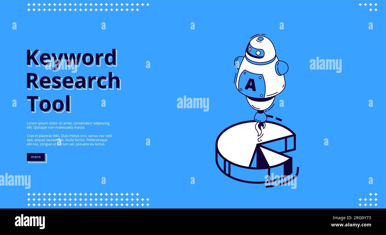Keyword research tool banner with isometric icons on blue background. Vector landing page of SEO optimization service with line art robot and diagram, chatbot with artificial intelligence and chart Stock Vector