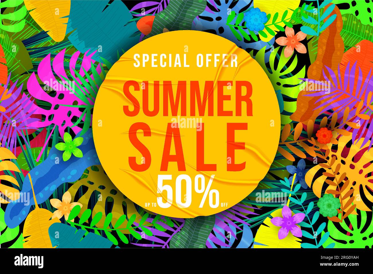 Summer Sale Template background colorful tropical plants, flowers and ...