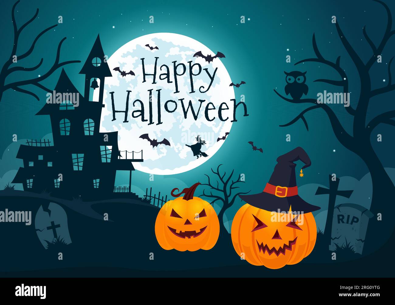 Halloween Night Background Vector Illustration with Pumpkins on the ...