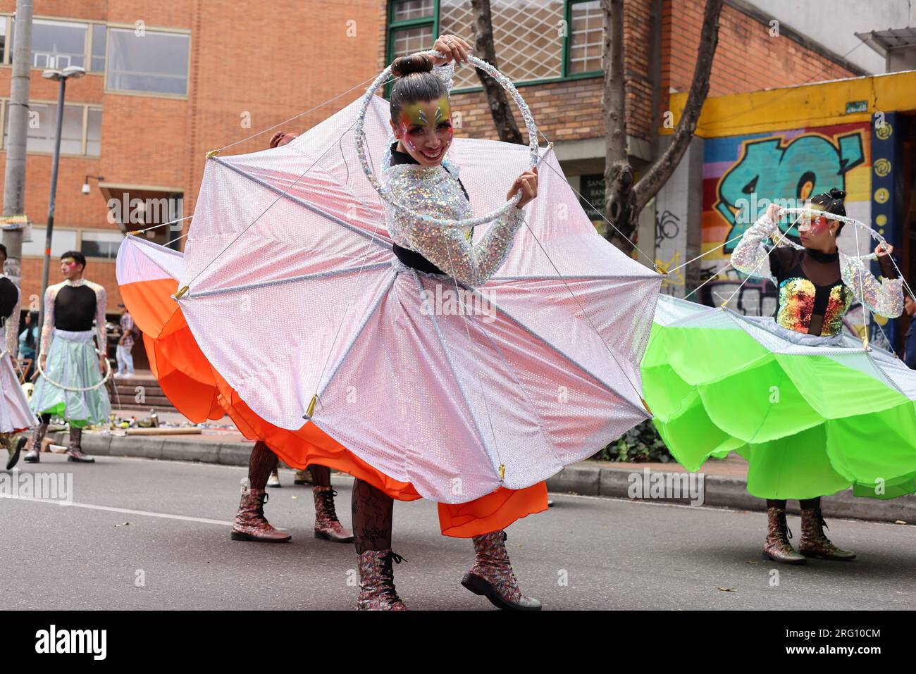 Bogota, Colombia. 6th Aug, 2023. An artist dances to celebrate Bogota's