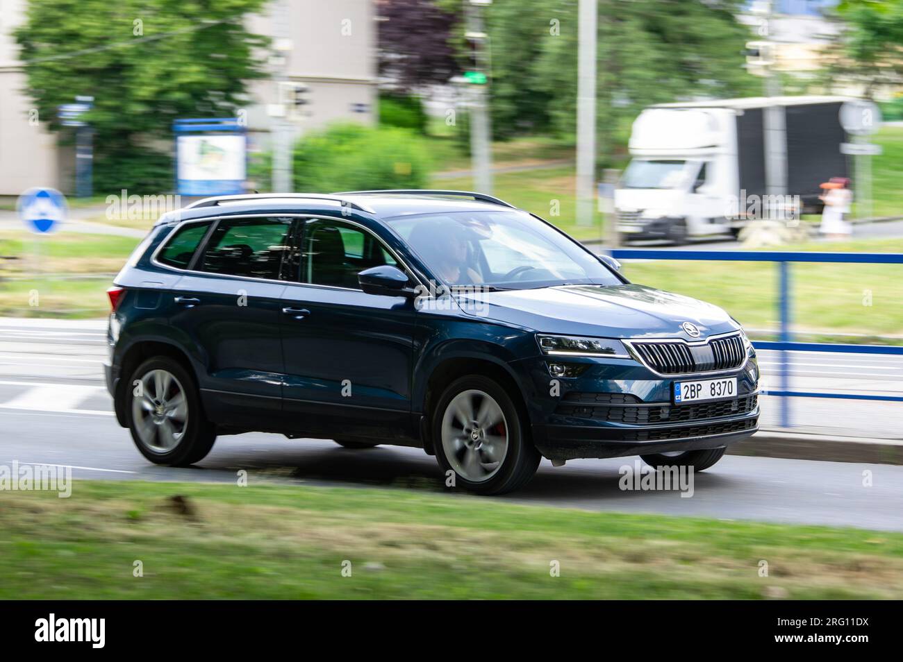 OSTRAVA, CZECH REPUBLIC - JUNE 26, 2022: Blue Skoda Karoq crossover