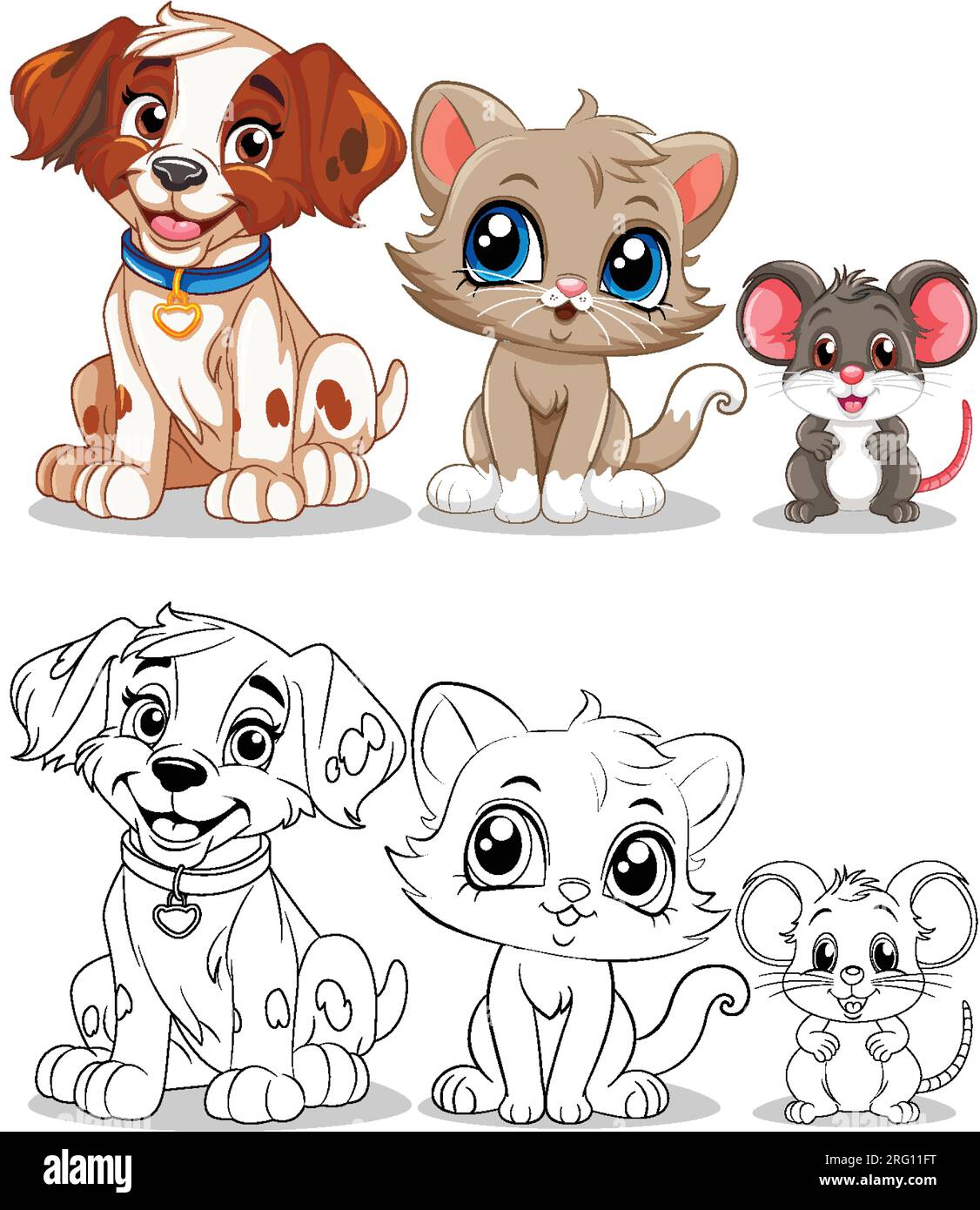 Playful Animal Friends with Cute Cartoon Dog, Cat and Mouse