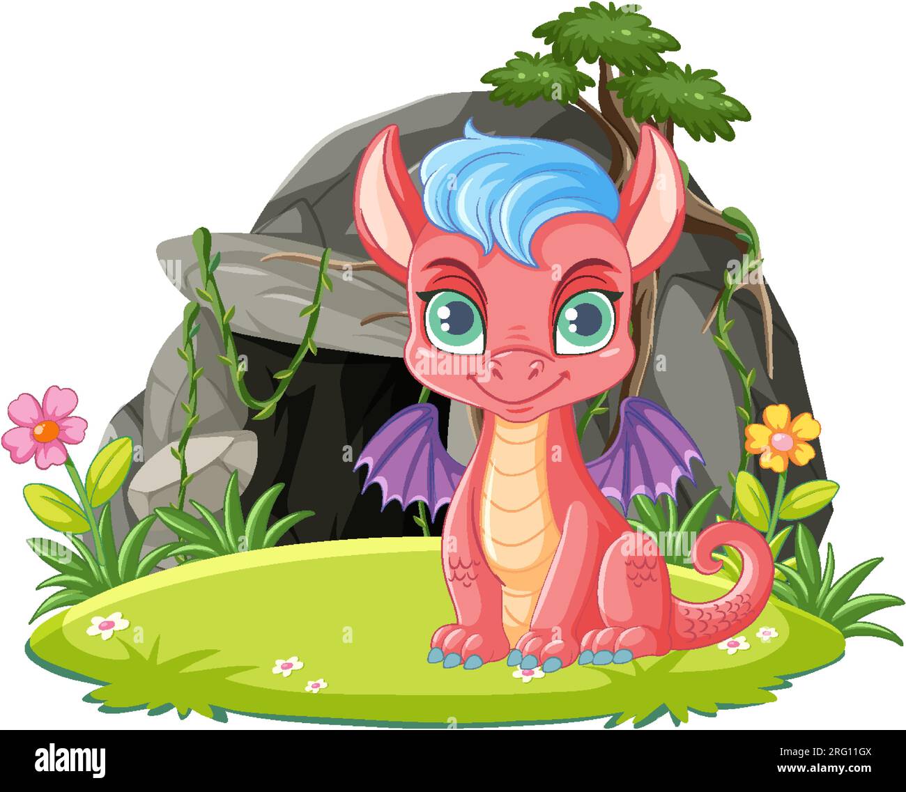 A cartoon illustration of an adorable baby dragon standing in front of ...