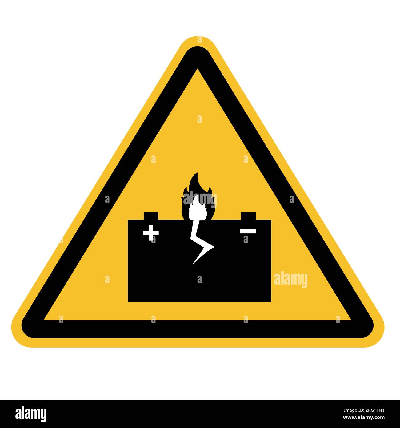 Yellow triangle warning sign with battery icon. Dangerous batteries