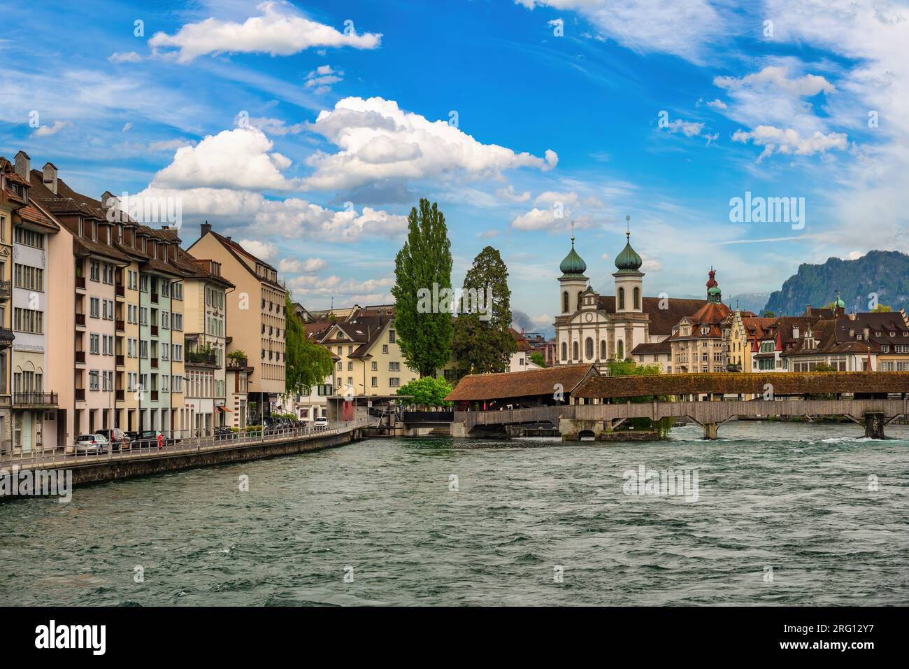 Lucerne (Luzern) Switzerland, city skyline at Chapel Bridge and Reuss River Stock Photo
