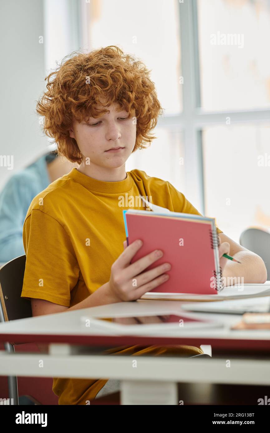 Pupils Notebook Redhead teenage pupil holding notebook near digital tablet during ...