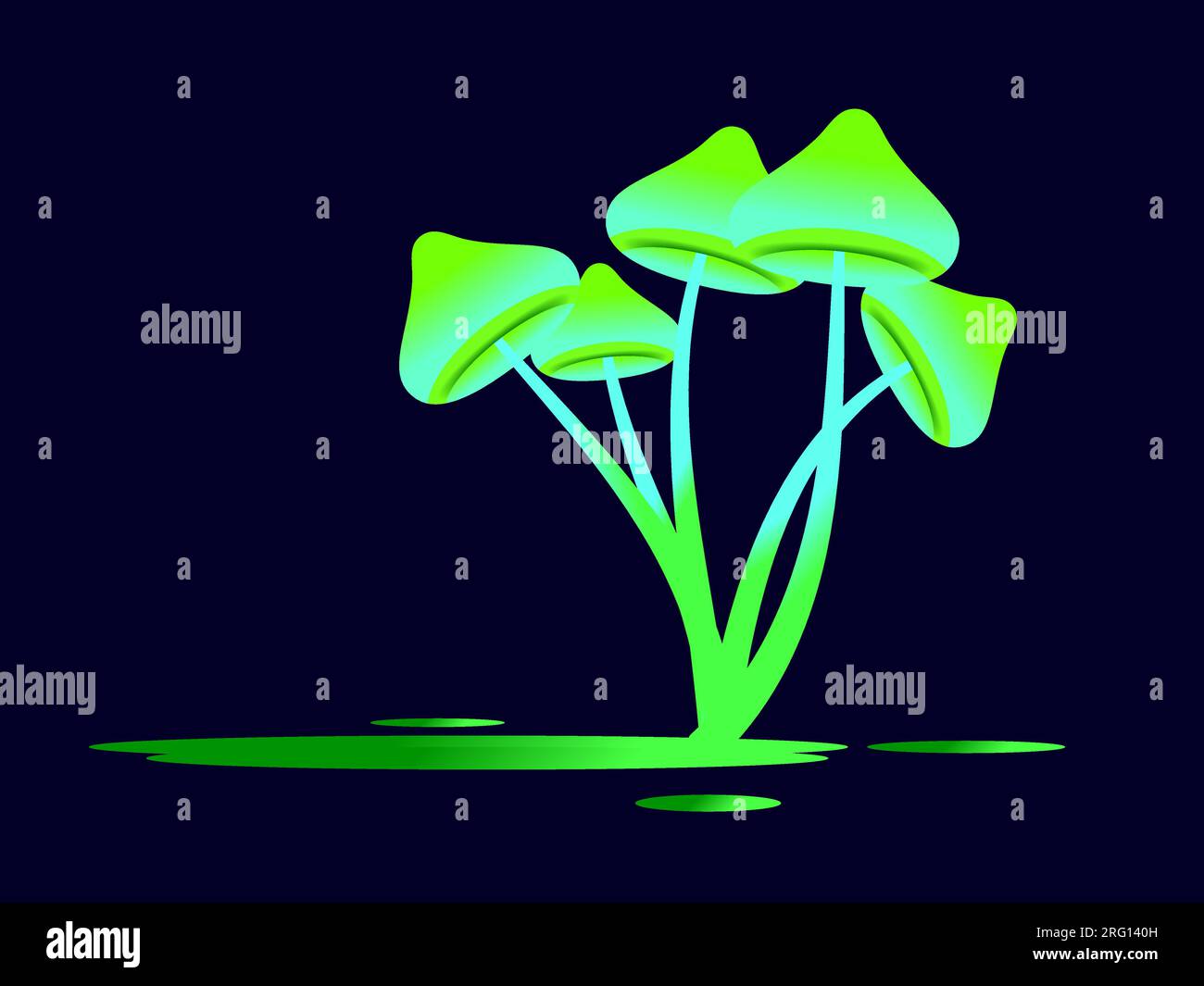 Green bioluminescent mushrooms with a puddle on a black background ...