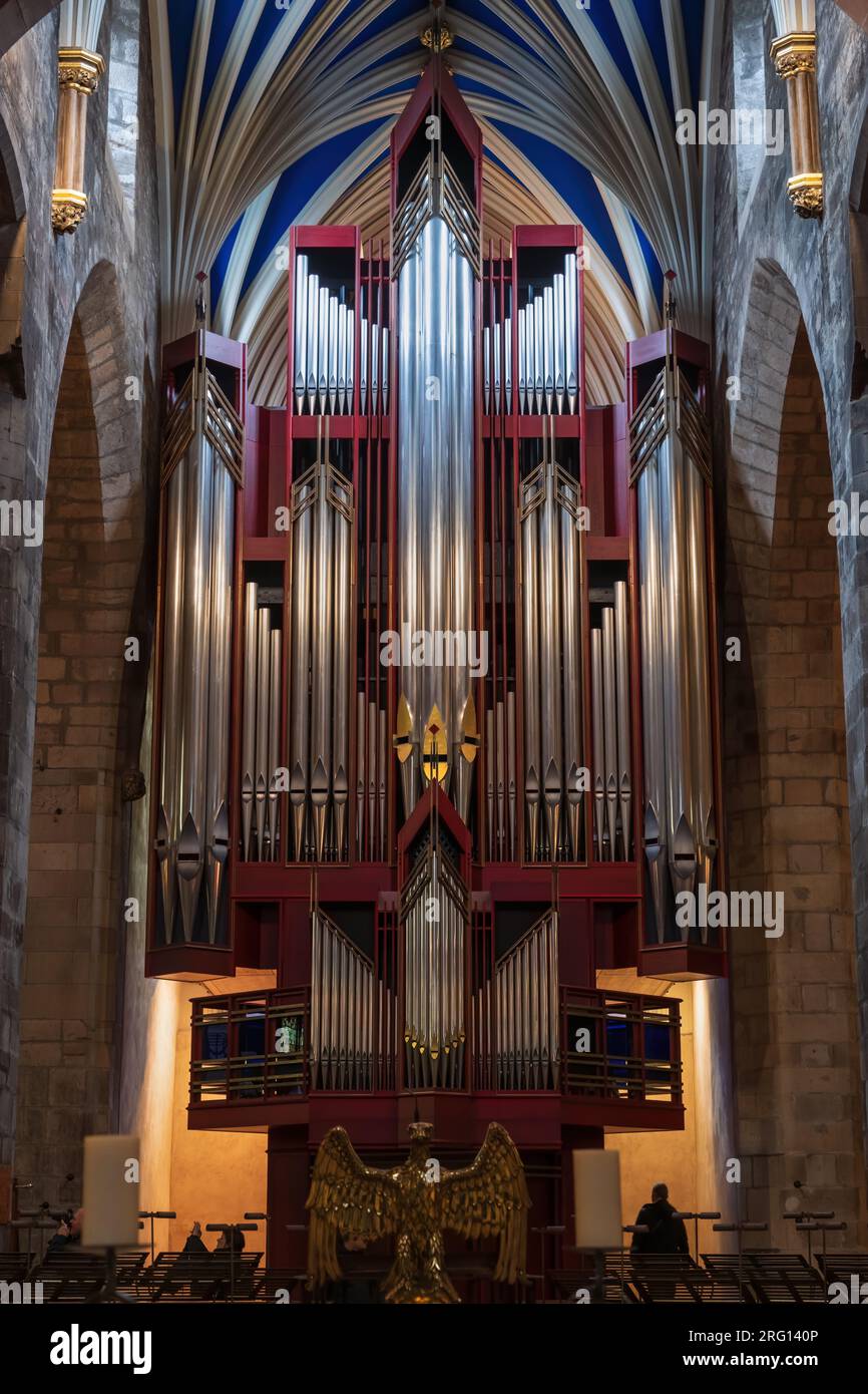 Pipe organ in St. Giles Cathedral interior in Edinburgh, Scotland, UK