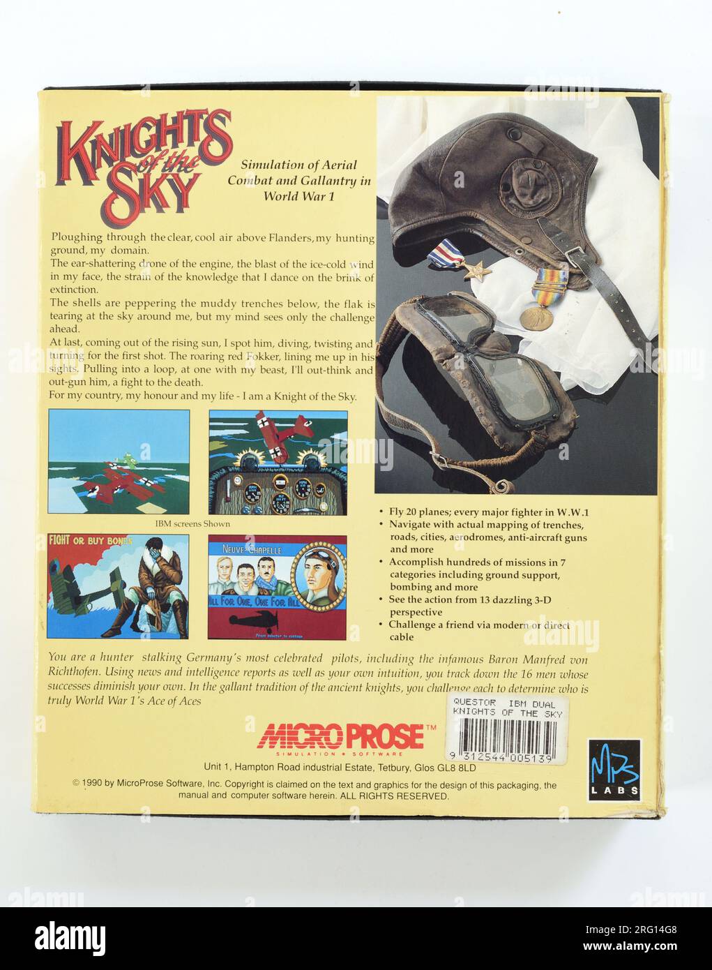Microprose Knights of the Sky, back cover with screenshots and descriptions of the game, photograph of a leather flying cap, flying googles and medals Stock Photo