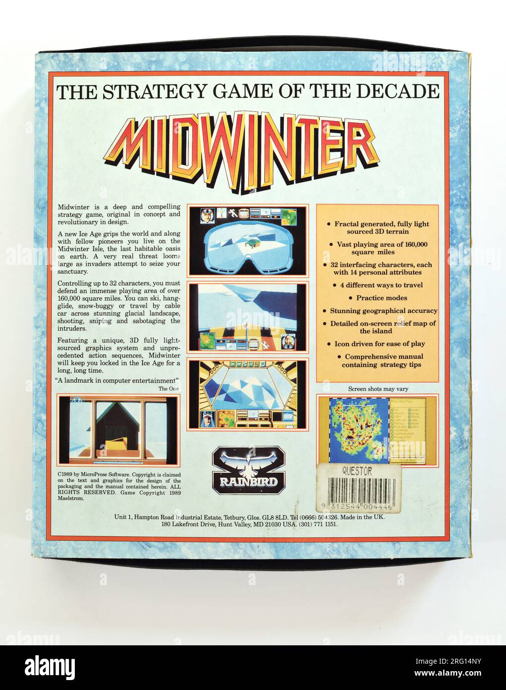 Midwinter Masters of Strategy computer game by Rainbird, box art, back cover 1989 Stock Photo