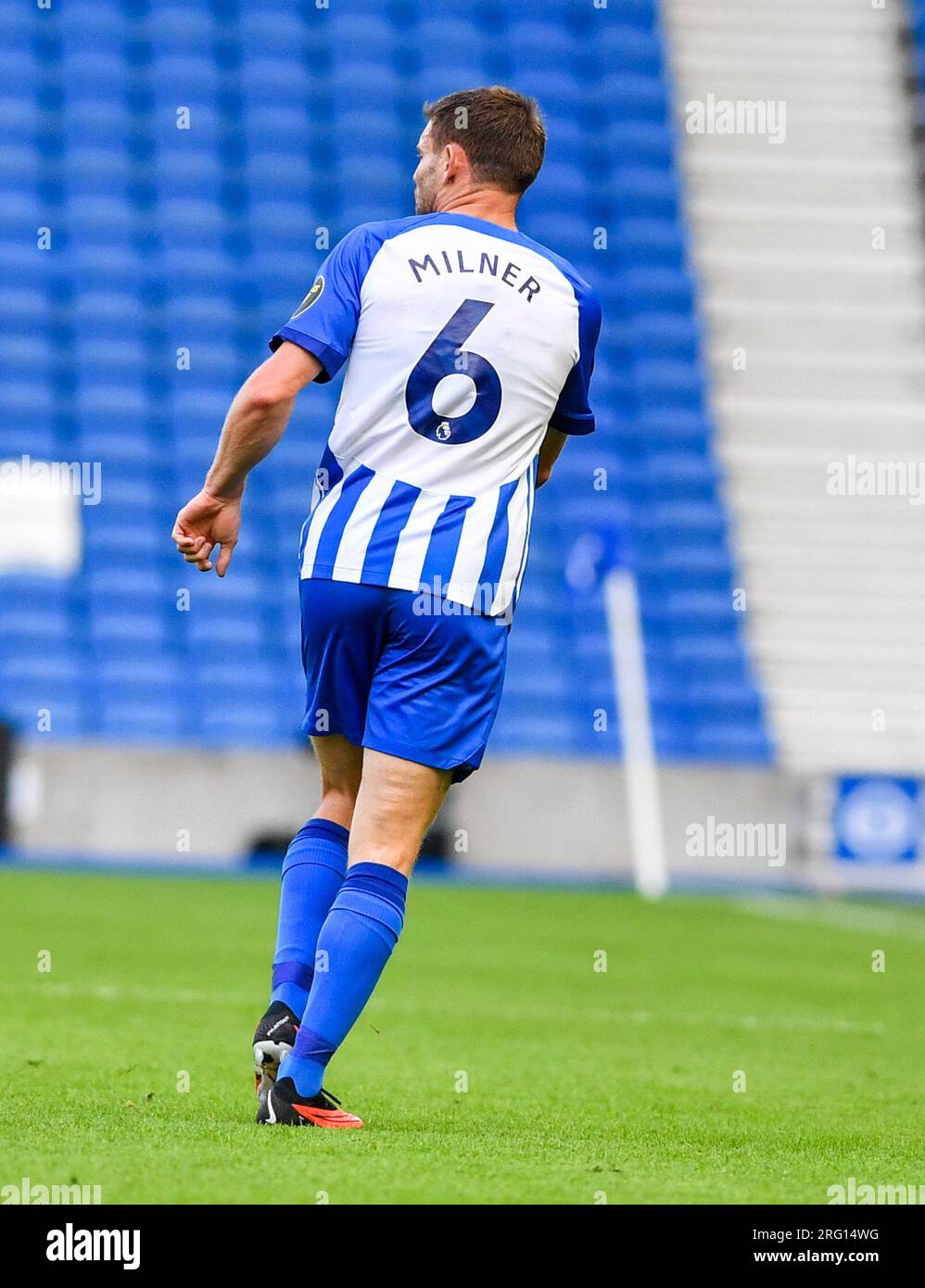 James Milner of Brighton during  the Pre Season Friendly match match between Brighton and Hove Albion and Rayo Vallecano at the Amex Stadium , Brighton , UK - 06 August 2023 -  Credit Simon Dack / Telephoto Images  Editorial use only. No merchandising. For Football images FA and Premier League restrictions apply inc. no internet/mobile usage without FAPL license - for details contact Football Dataco Stock Photo