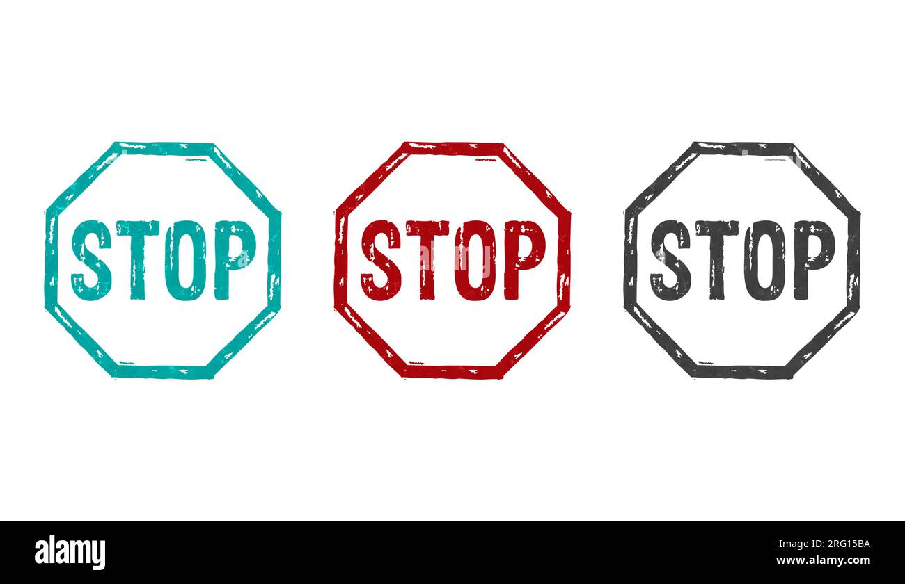 Stop stamp icons in few color versions. Blocked and ban concept 3D rendering illustration. Stock Photo