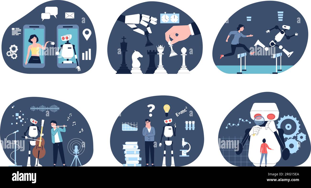 People and robot working together. Android in office, collaboration technology and human in work process. Robotics in life, robots recent vector Stock Vector