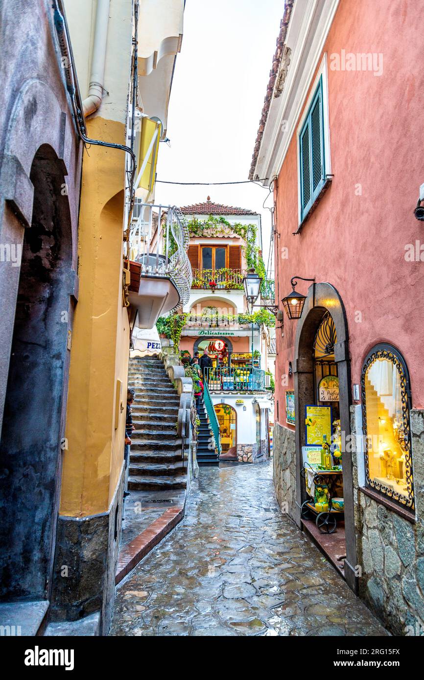 Charming street with colourful houses in Positano on a wet, rainly day, Positano, Amalfi Coast, Italy Stock Photo