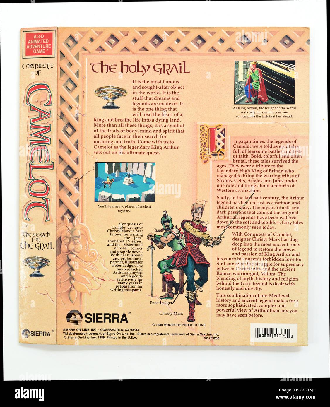 Conquests of Camelot: The Search for the Grail; back of the game box, illustrated slip cover - IBM & PC MS-DOS games Stock Photo