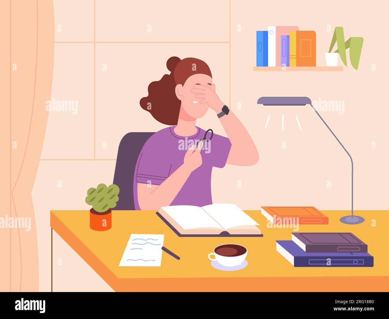Tired reading. Bored or sad student girl with strain eyes after read books before university test or overwhelmed study work in office, adhd problems concept vector illustration of tired student Stock Vector