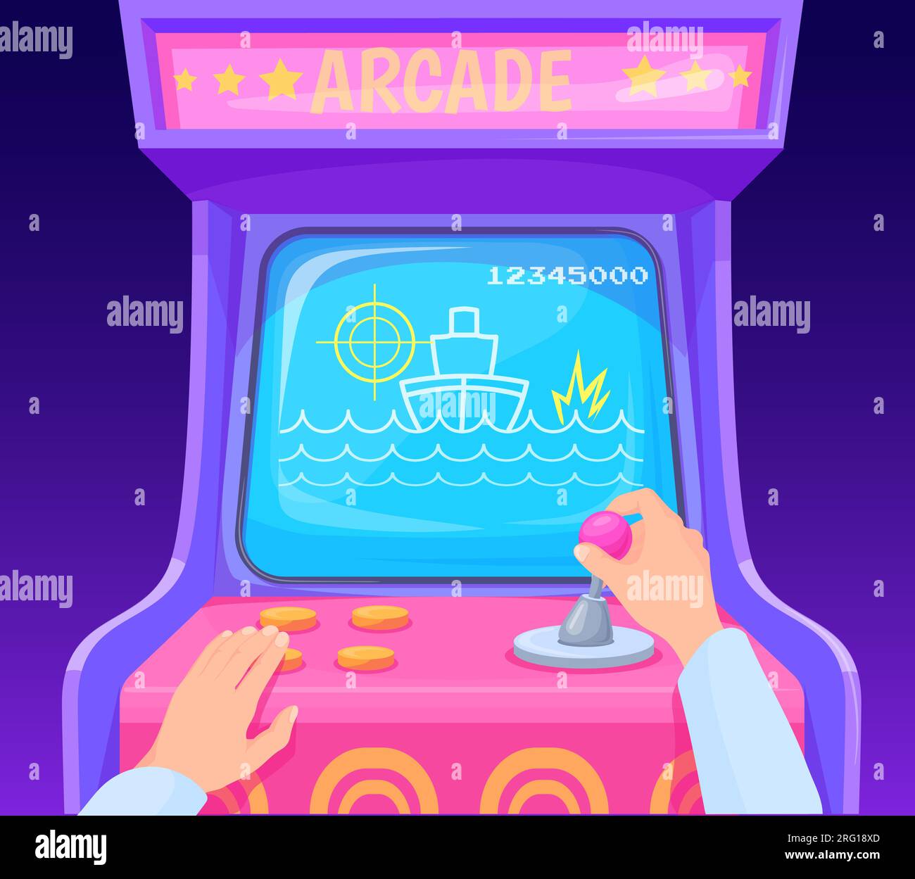 Hands playing arcade machine. Gamer hand play in video game on joystick, computer gaming 80s 1990s pixel screen of slot machines controller, neat vector illustration of arcade machine with joystick Stock Vector