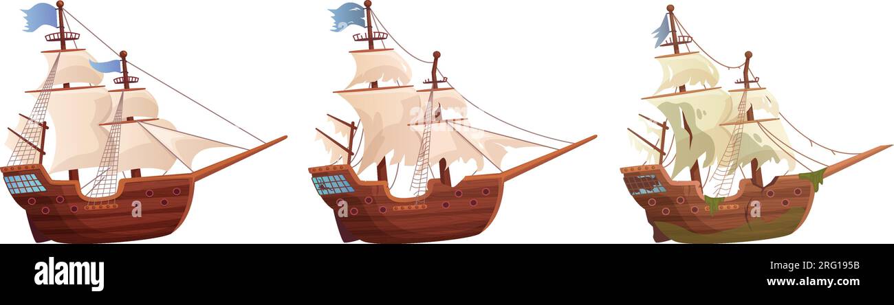 Shipwrecked ships. Wrecked ship, broken pirate boat battleship or sunken underwater travel adventure sailboat, sea shipwreak of old wood sail galleon, ingenious vector illustration of ship wreck Stock Vector