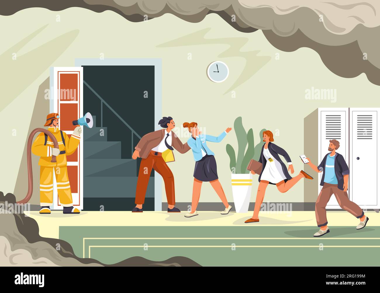 People evacuation. Fire evacuating employees to safety emergency escape, evacuate instruction plan employee leaving office building run in doorway exit, recent vector illustration of safety emergency Stock Vector