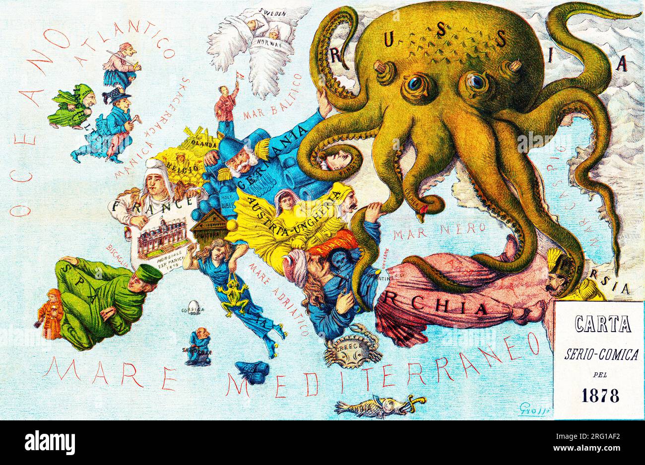 Papagallo no.15 la Piovra Russa Anno VI by Augusto Grossi , a cartoon depiction of Europe in 1878, using caricatures and monster kraken. Original from Stock Photo
