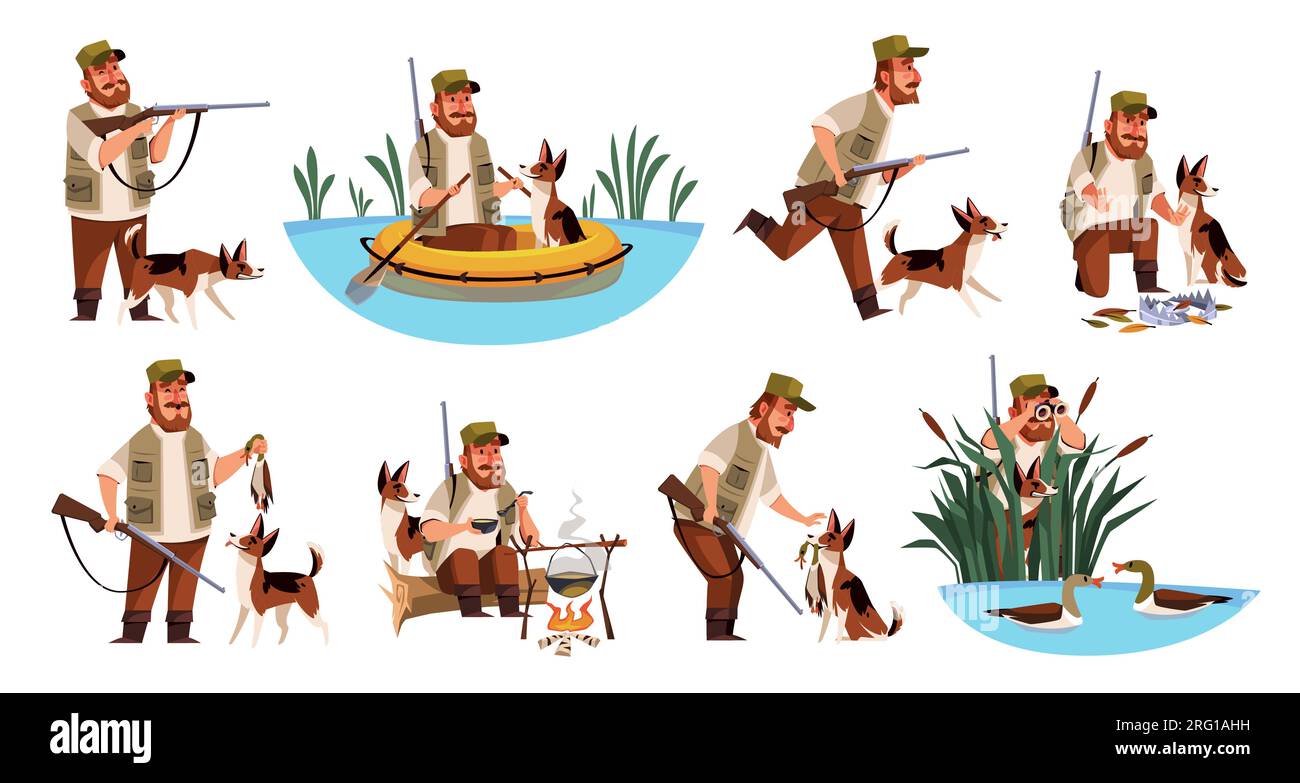 Cartoon hunter character. Funny dog and cute owner on duck hunting