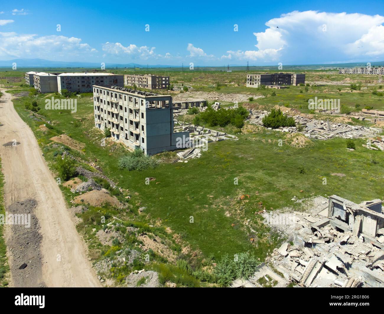 Drone view of the remains of buildings destroyed by the earthquake on