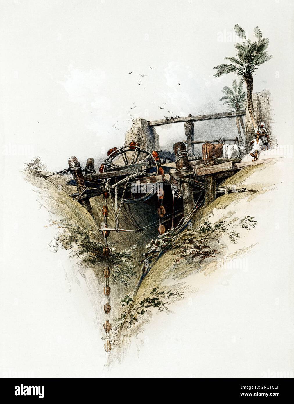 A Persian wheel used in raising water from the Nile illustration by David Roberts. Original from The New York Public Library. Stock Photo