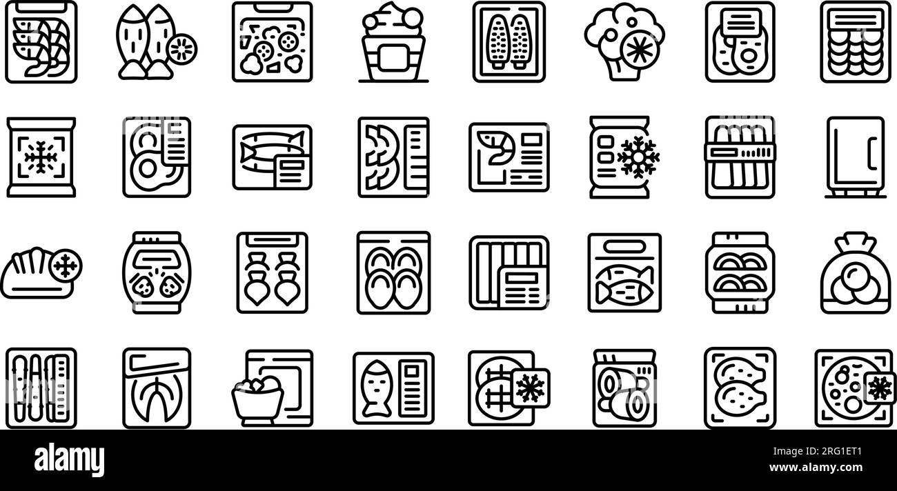 Frozen food icons set outline vector. Bag meat. Product plastic Stock Vector