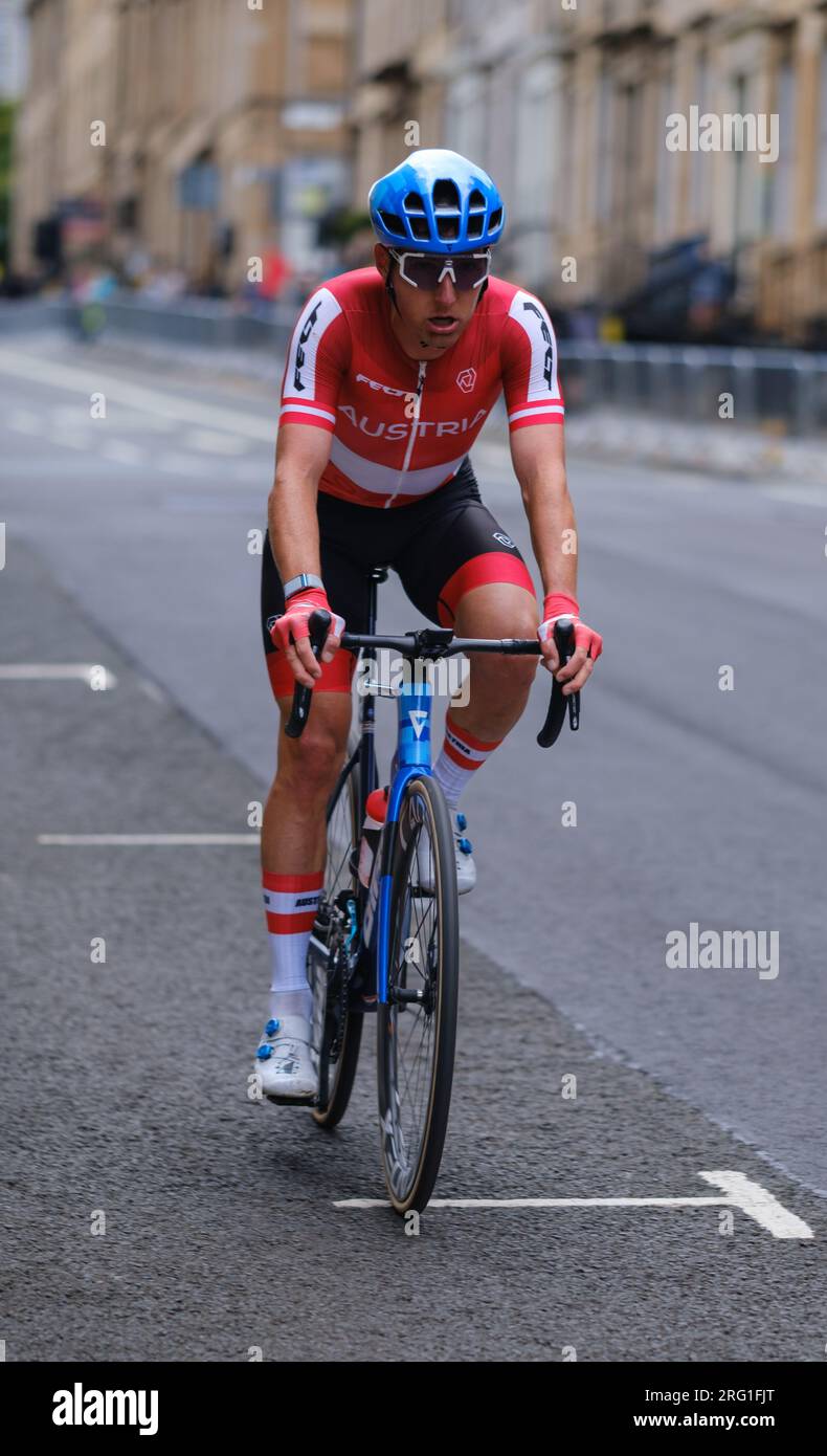 GLASGOW, SCOTLAND, UK - AUGUST 6, 2023: Austrian Cyclist Taking Part In The UCI Cycling World Championships In Glasgow Stock Photo