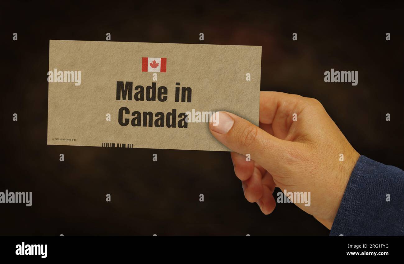 Made in Canada box in hand. Manufacturing and delivery. Product factory, import and export. Abstract concept 3d rendering illustration. Stock Photo