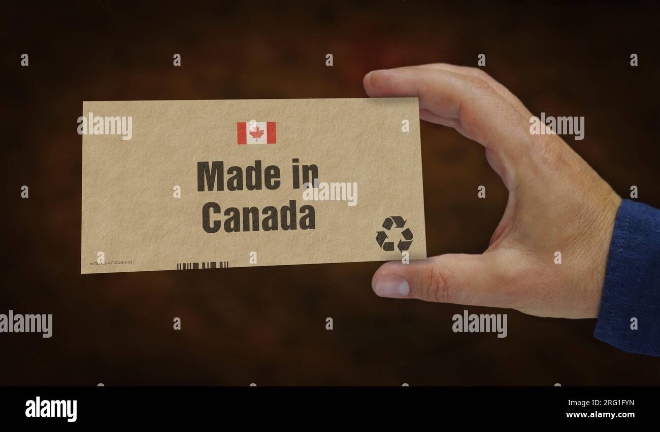 Made in Canada box in hand. Manufacturing and delivery. Product factory, import and export. Abstract concept 3d rendering illustration. Stock Photo
