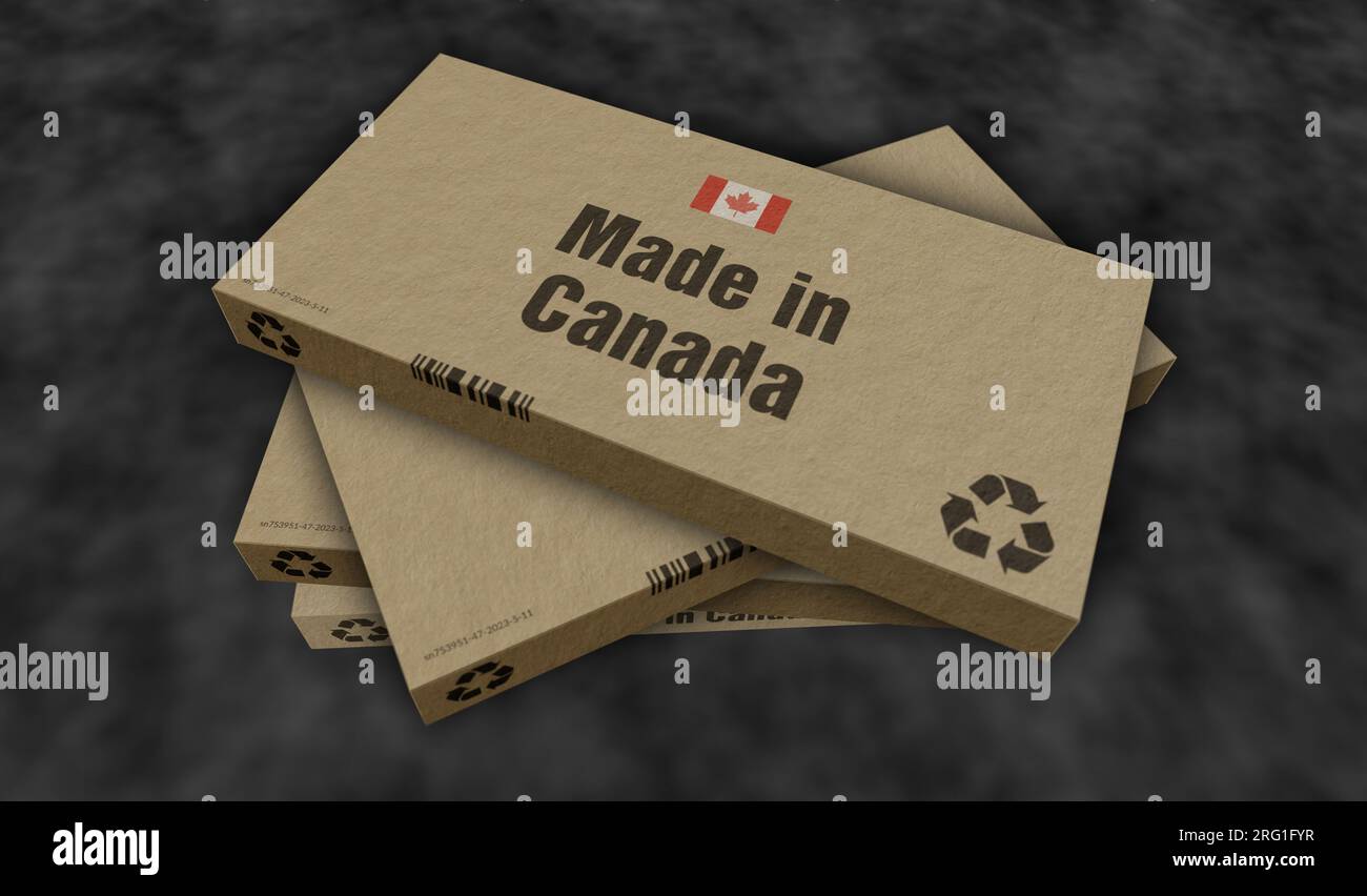 Made in Canada box production line. Manufacturing and delivery. Product factory, import and export. Abstract concept 3d rendering illustration. Stock Photo