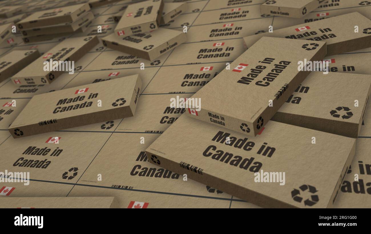 Made in Canada box production line. Manufacturing and delivery. Product factory, import and export. Abstract concept 3d rendering illustration. Stock Photo