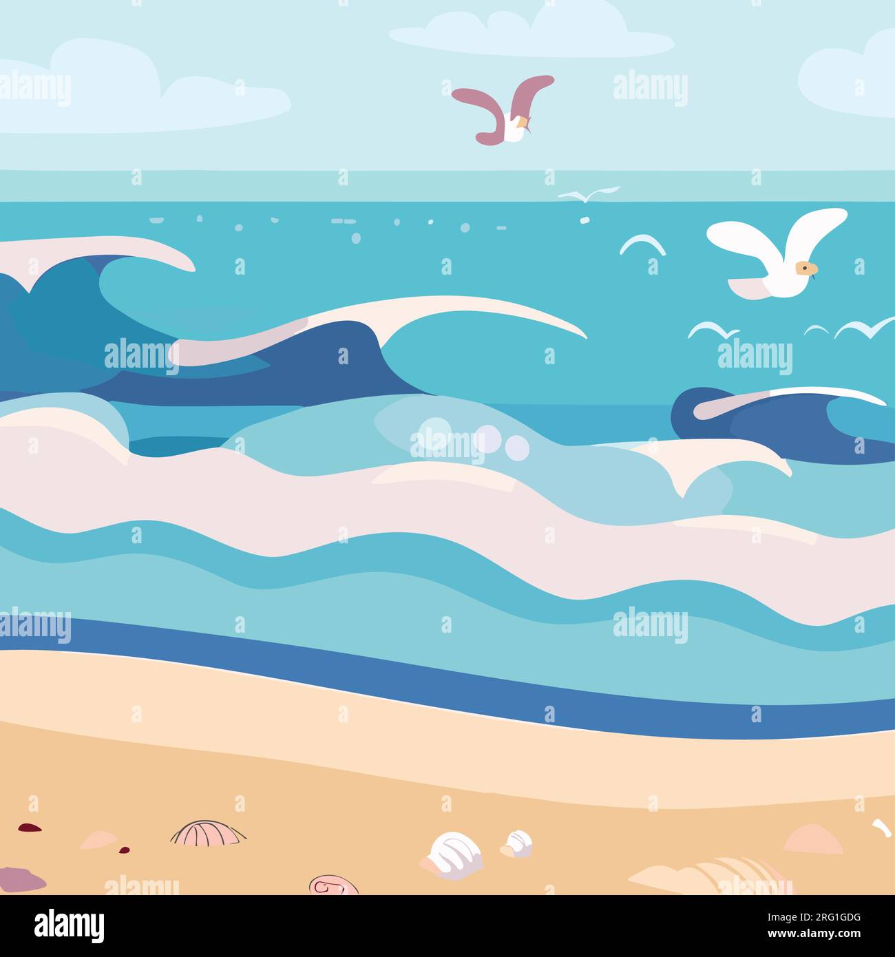 Flat vector illustration of a beach with birds flying Stock Vector