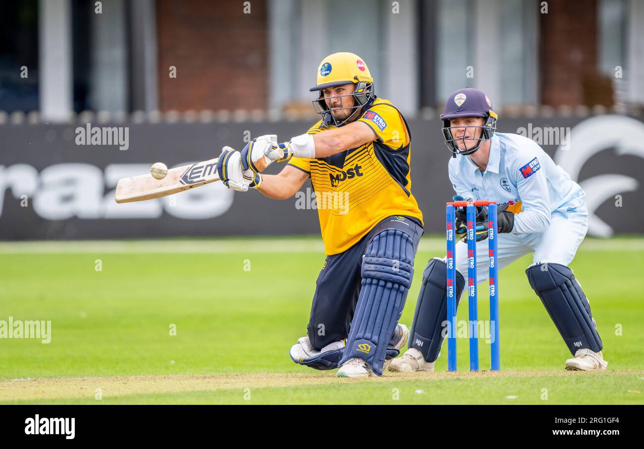 Kiran Carlson batting for Glamorgan in a One-Day Cup match against Derbyshire Stock Photo