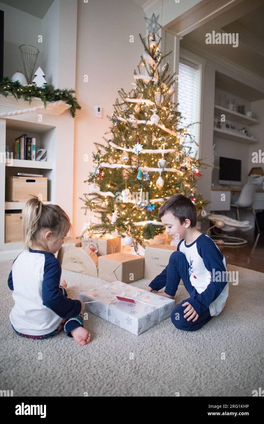 Brother and sister opening gifts together under the tree Stock Photo
