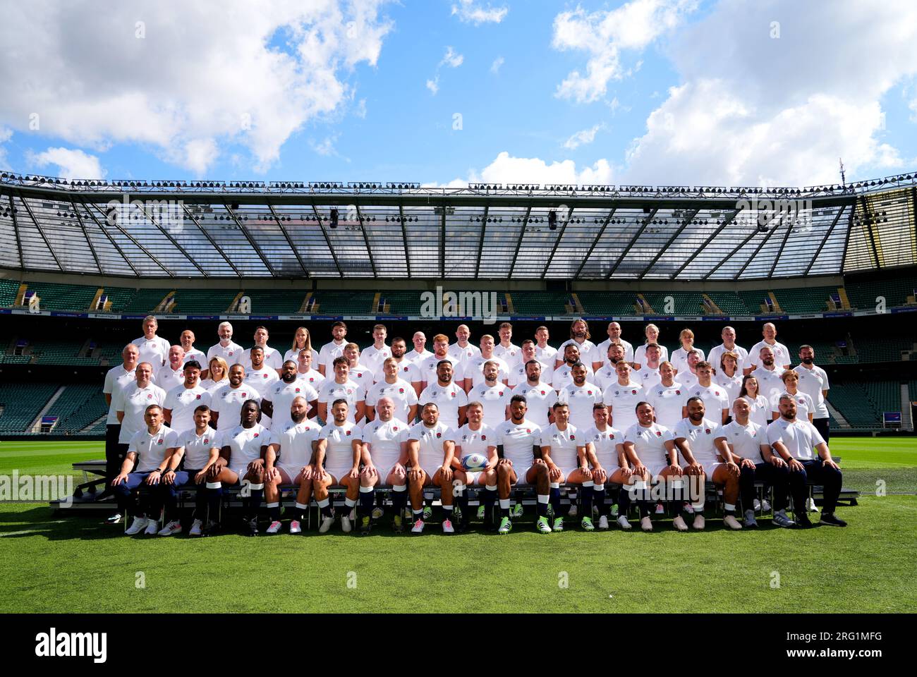The England team and members of staff pose for a photo on the pitch during a squad announcement for the 2023 Rugby World Cup at Twickenham Stadium, London. Picture date: Monday August 7, 2023. Stock Photo