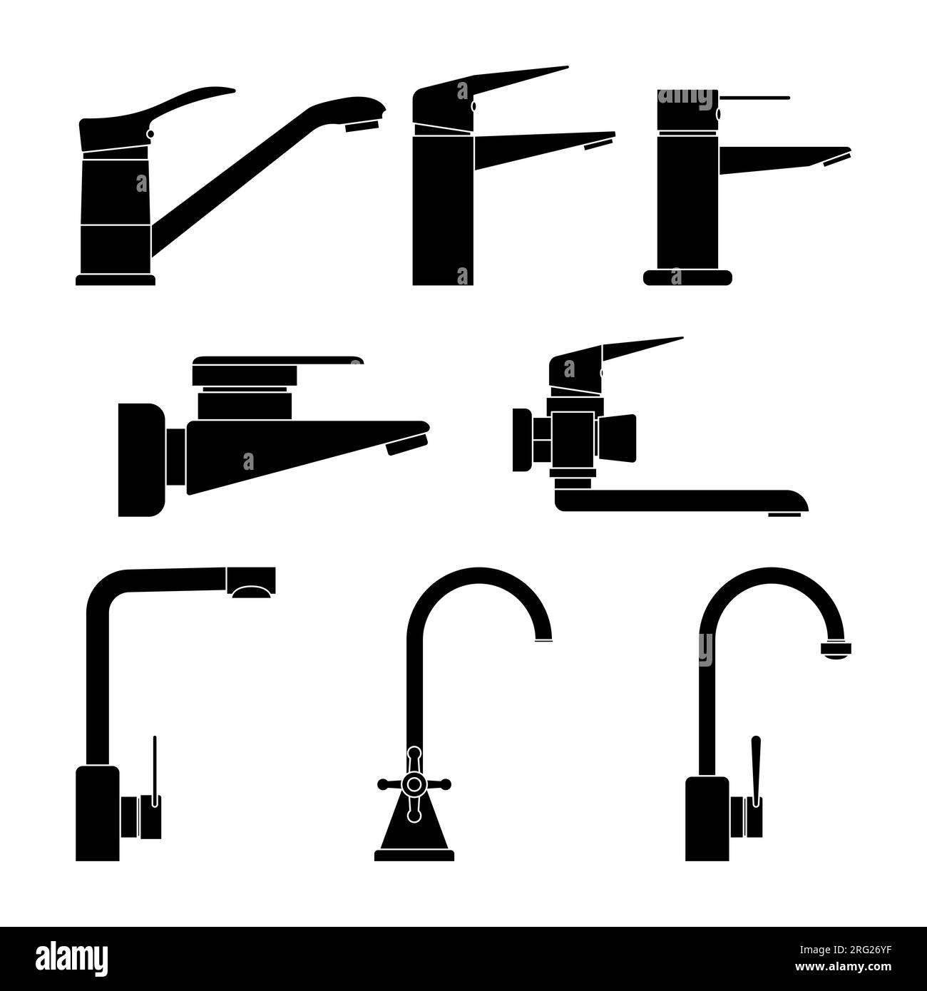 Set of black silhouettes faucets for bathroom and kitchen. Water tap
