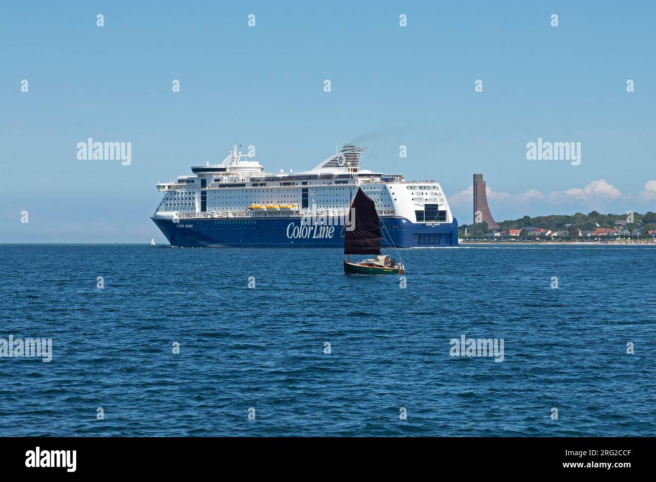 Sailing boat and Color Line cruise ship off Laboe, Kieler Förde