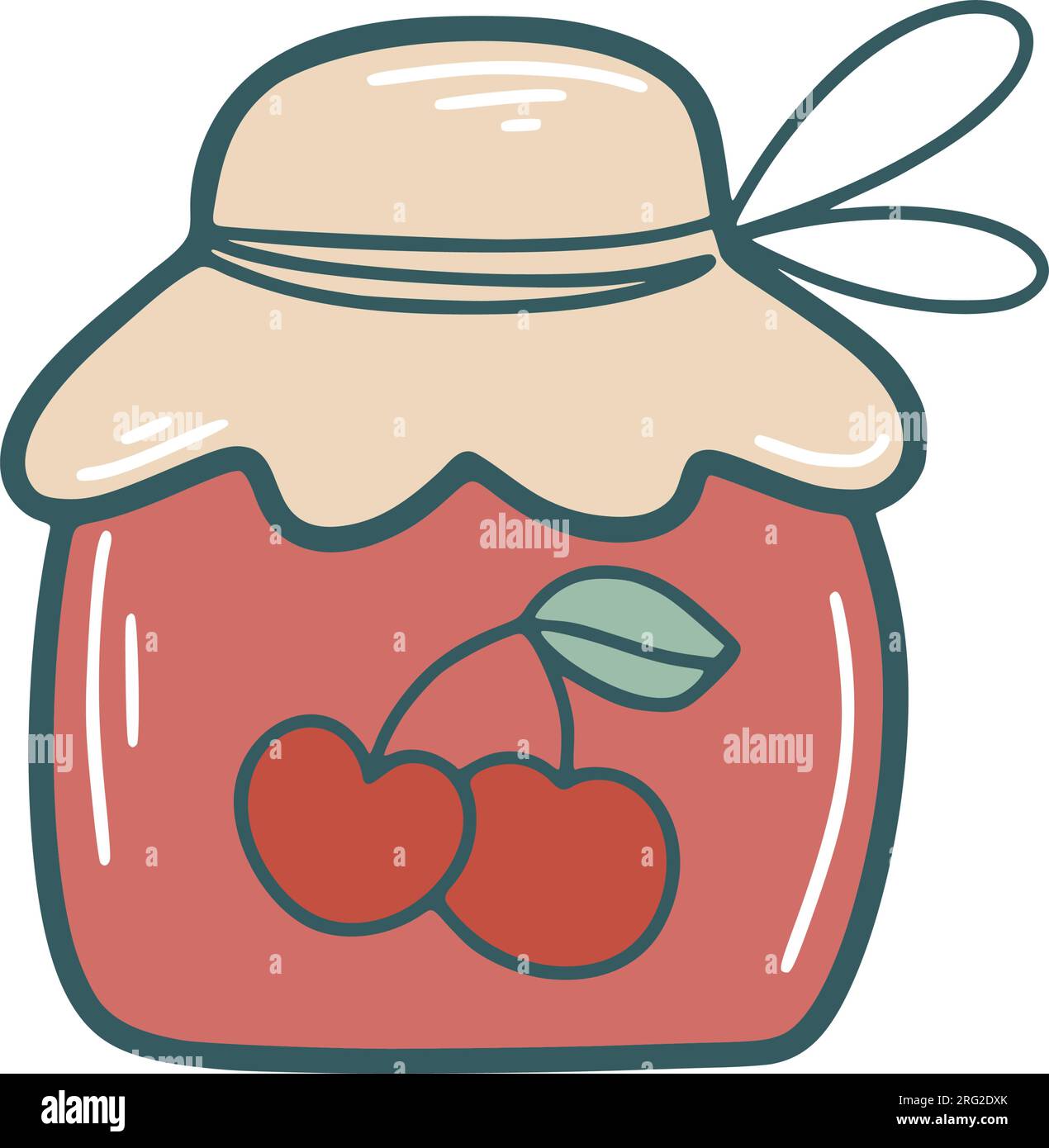 Hand drawn jar of cherry jam. Seasonal preservation, berry jam clip art. Cute glass jar autumn harvest, vector illustration Stock Vector