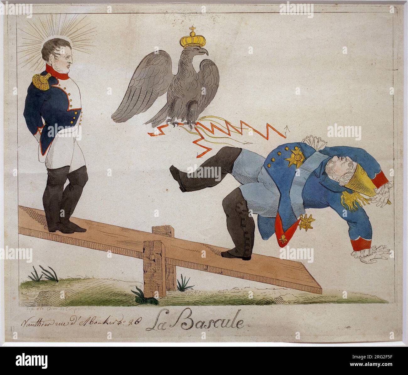 La bascule. Portrait de Napoleon Bonaparte (1769-1821) debout sur une planche a bascule, regardant son ennemi tomber, foudroye par un aigle couronne. Caricature.  Eau forte, debut 19e siecle, Stock Photo