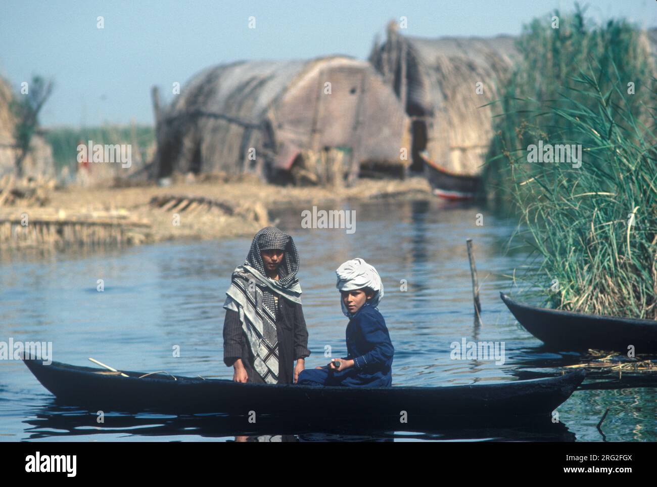 Marsh Arabs. Southern Iraq. Teenage boys in boats. Reed building on small artificial island called a kibasha. (Permanent island called a Dibin.)  Rivers Tigris and Euphrates wetlands, Hammar marshes. Southern Iraq 1980s 1984 HOMER SYKES Stock Photo