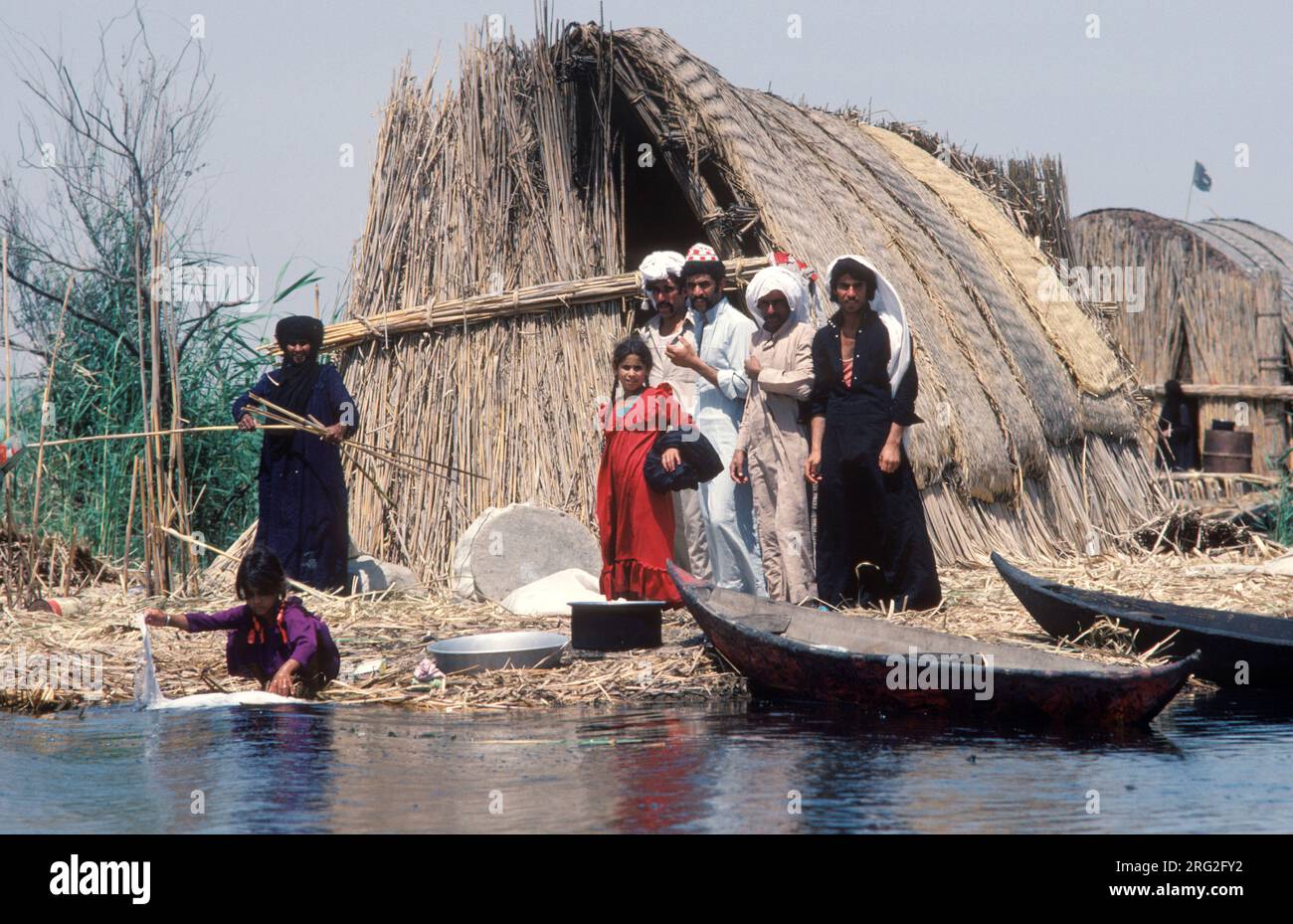Marsh Arabs Iraq 1980s. Marsh Arab family on traditional reed island called a dibin or kibasha. Rivers Tigris and Euphrates wetlands, Hammar marshes. Southern Iraq 1980s 1984 HOMER SYKES Stock Photo