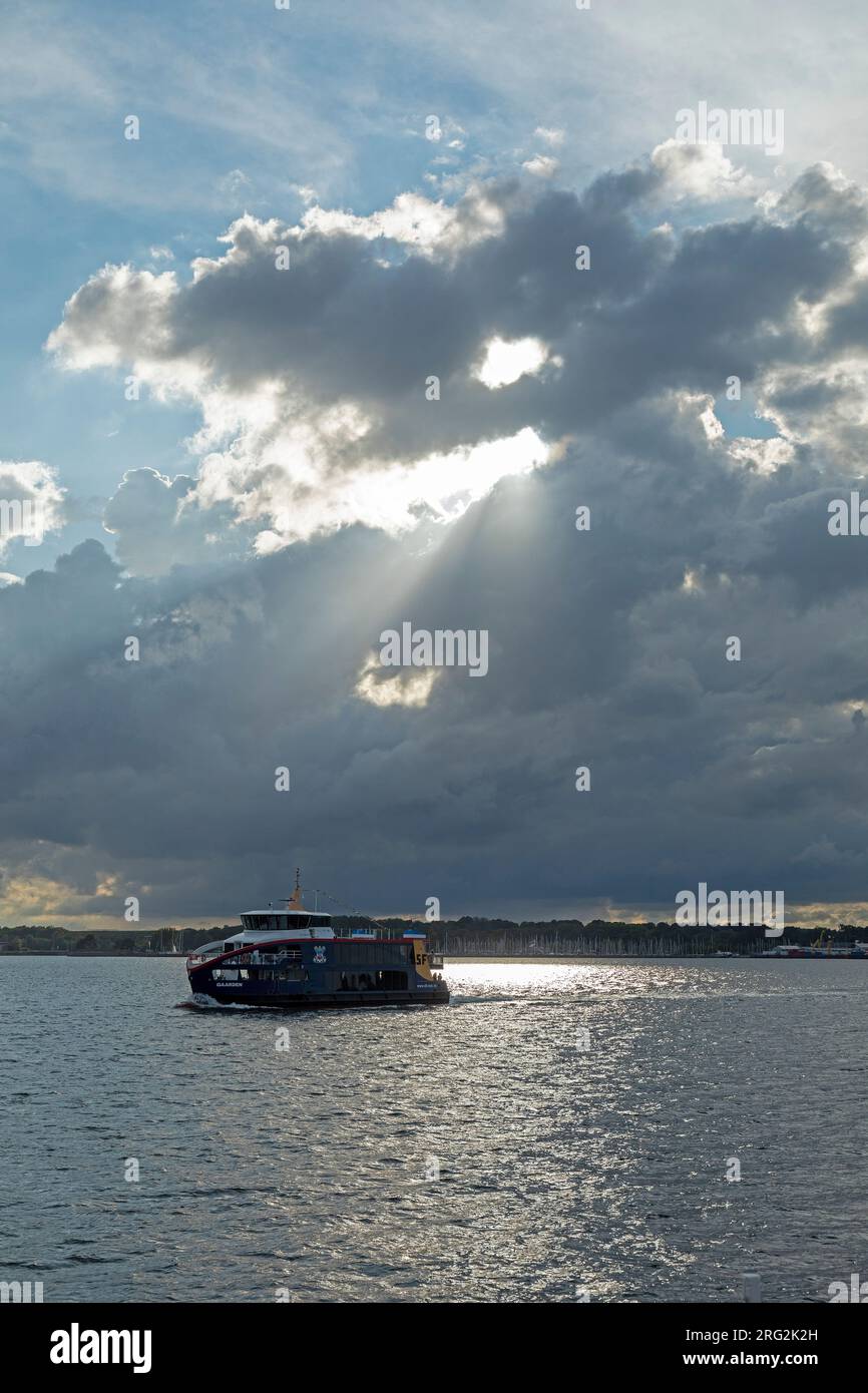 Passenger ferry, back light, Friedrichsort, Kiel, Kieler Förde, Schleswig-Holstein, Germany Stock Photo